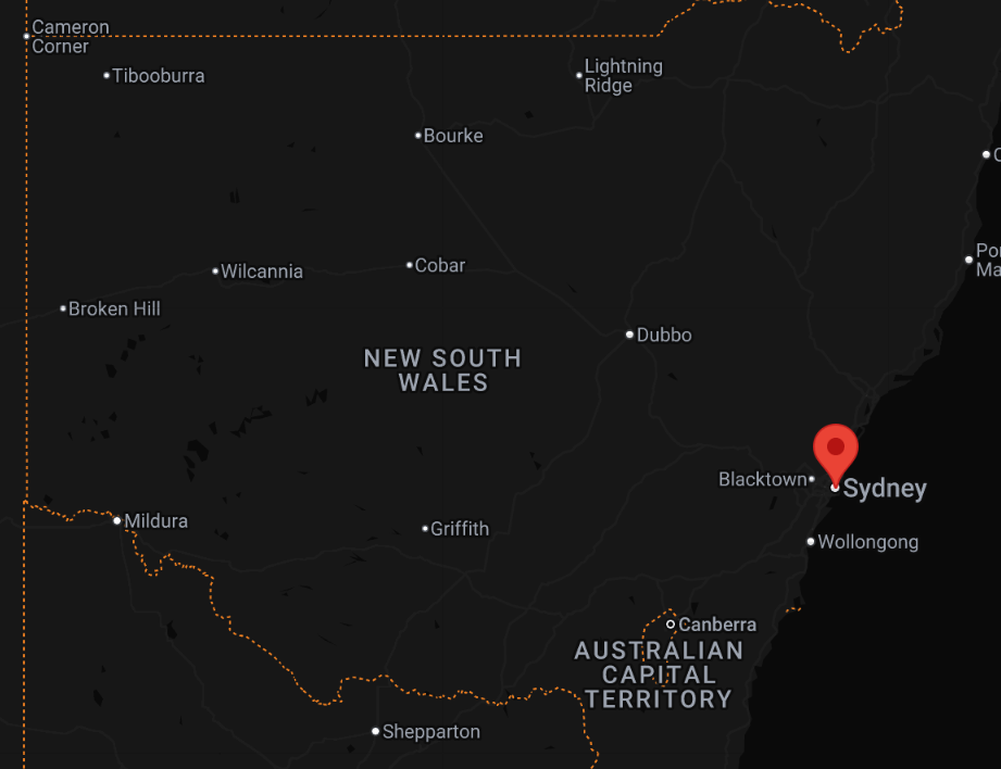 Map showing Williamson Civil Contracting's New South Wales service area with a marker on Sydney